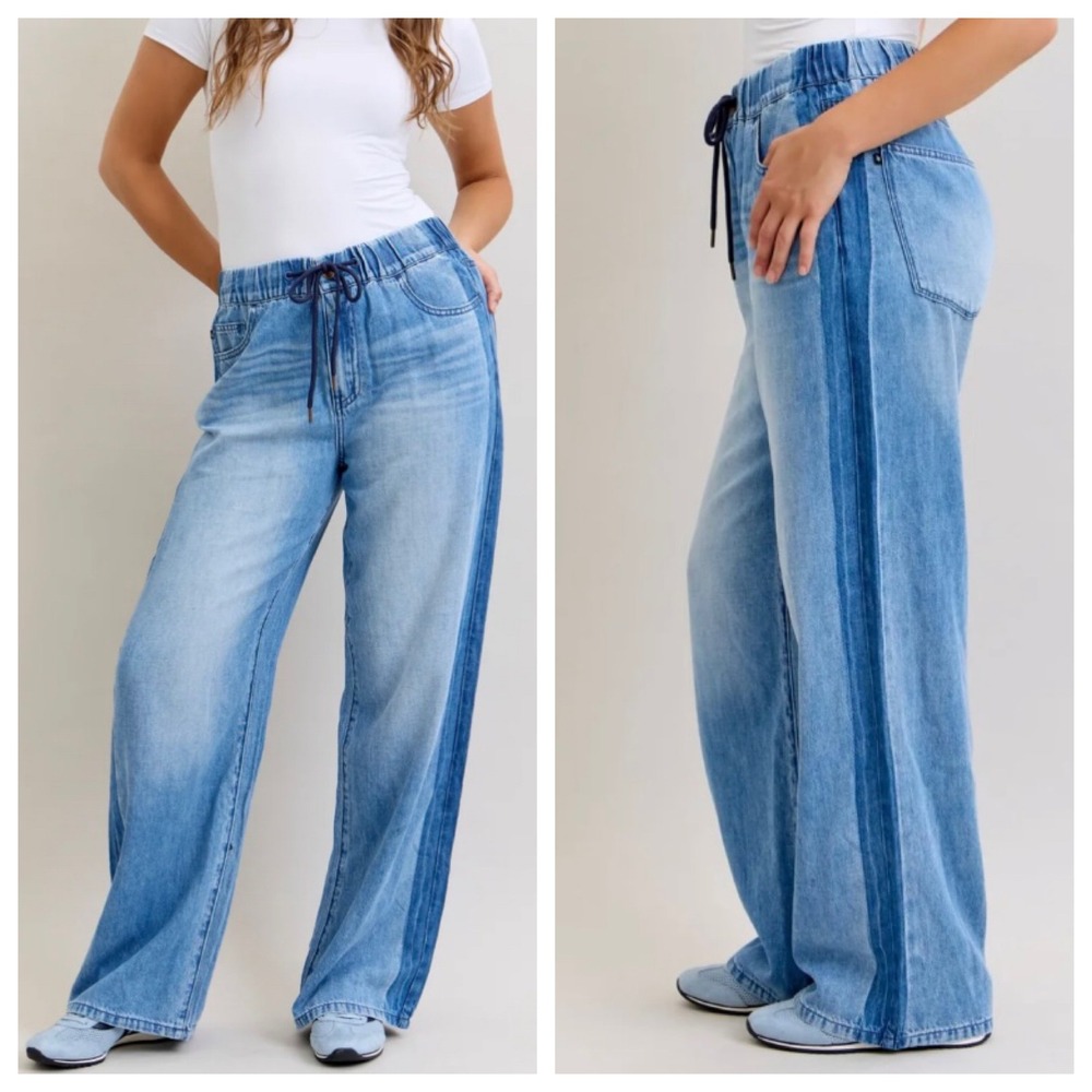 NWT Judy Blue Hi Waist Drawstring Wilhelmina Side Panel Wide Leg Jeans 9/29 Boho